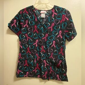 Womens Scrubstar Scrubs Scrub Smock Top S Small Breast Cancer Pink Ribbons Heart